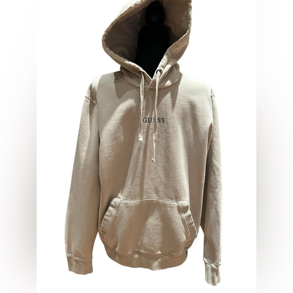 Guess Beige Logo Embroidered Fleece Hoodie Sweatshirt Men’s Medium - Picture 1 of 6